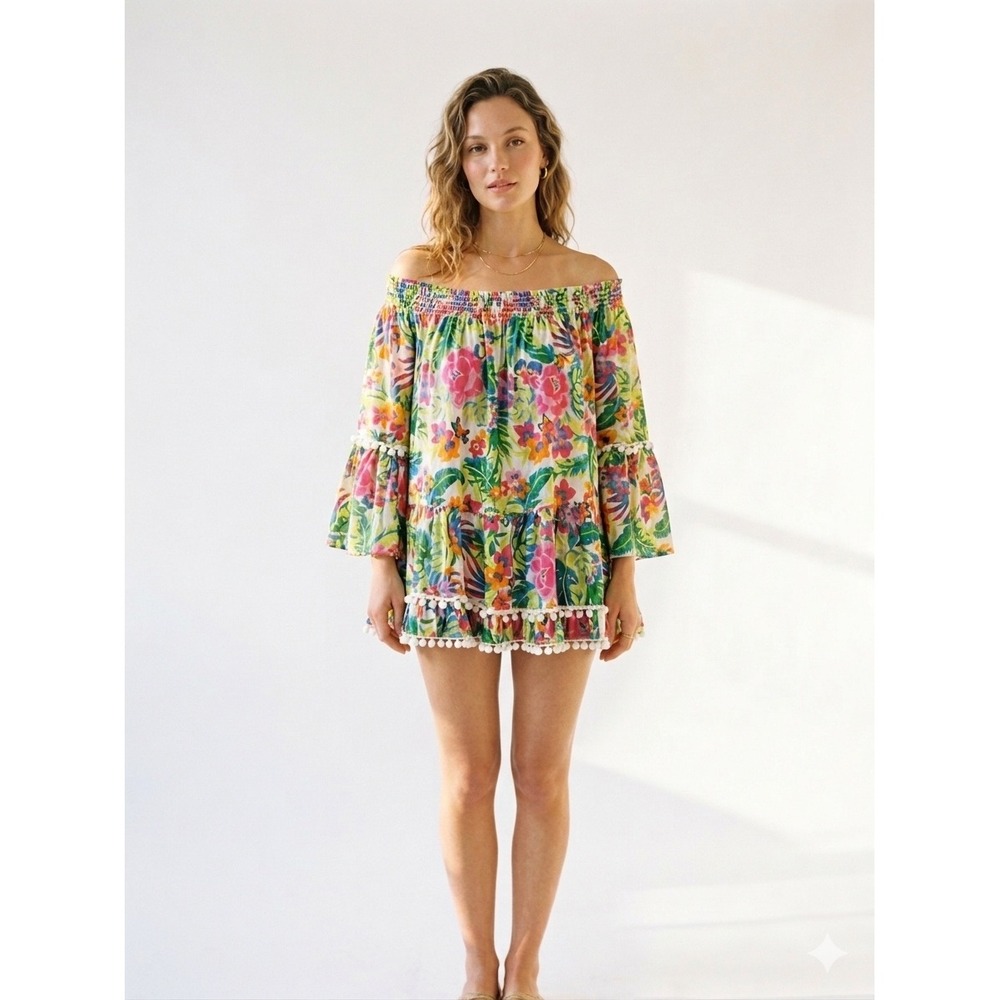 True Destinations Floral Tiered Mini Dress L Multicolor Pom Pom Bell Sleeve Boho